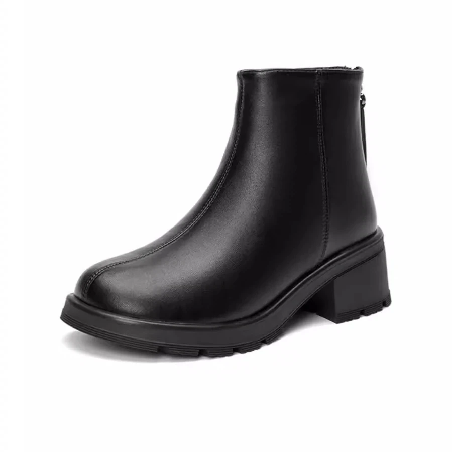 冬季1248加绒粗跟后拉链短靴女23D