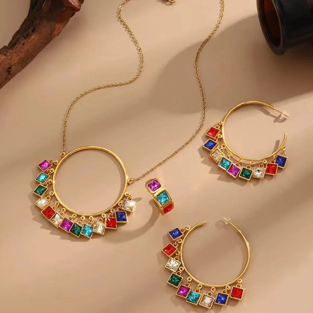 Xyuer/谢雨儿 铜合金项链 大牌高档彩色水小晶钛钢首饰套装