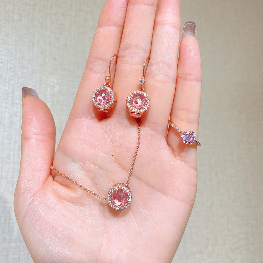 坠链均925银合成锆石 Xyuer时尚925银高品质粉色水小晶彩银项链