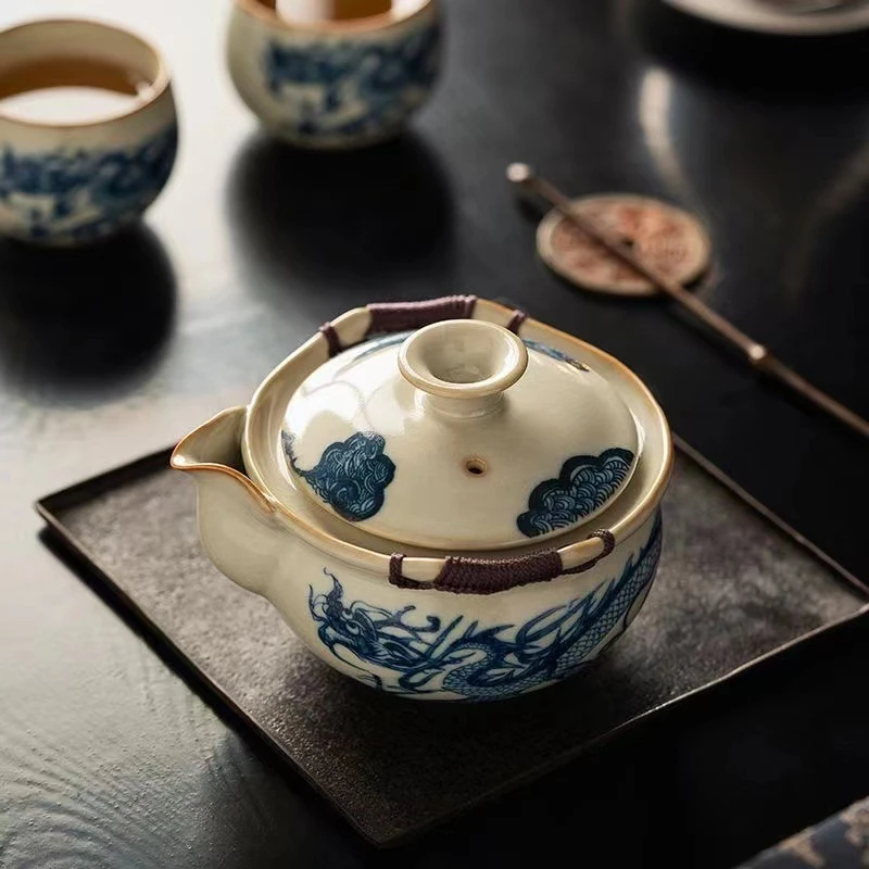 复古汝窑青花龙纹手抓壶功夫茶具单人泡茶碗陶瓷家用单壶杯泡茶壶