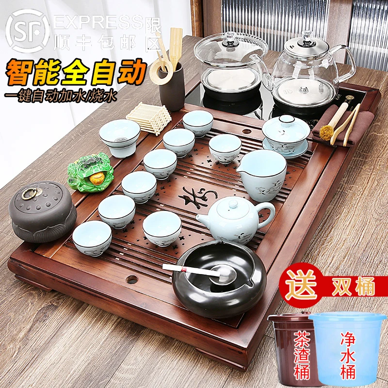 新款梅韵玻璃底部上水一体功夫茶具套装办公沥水茶台简约现代家用