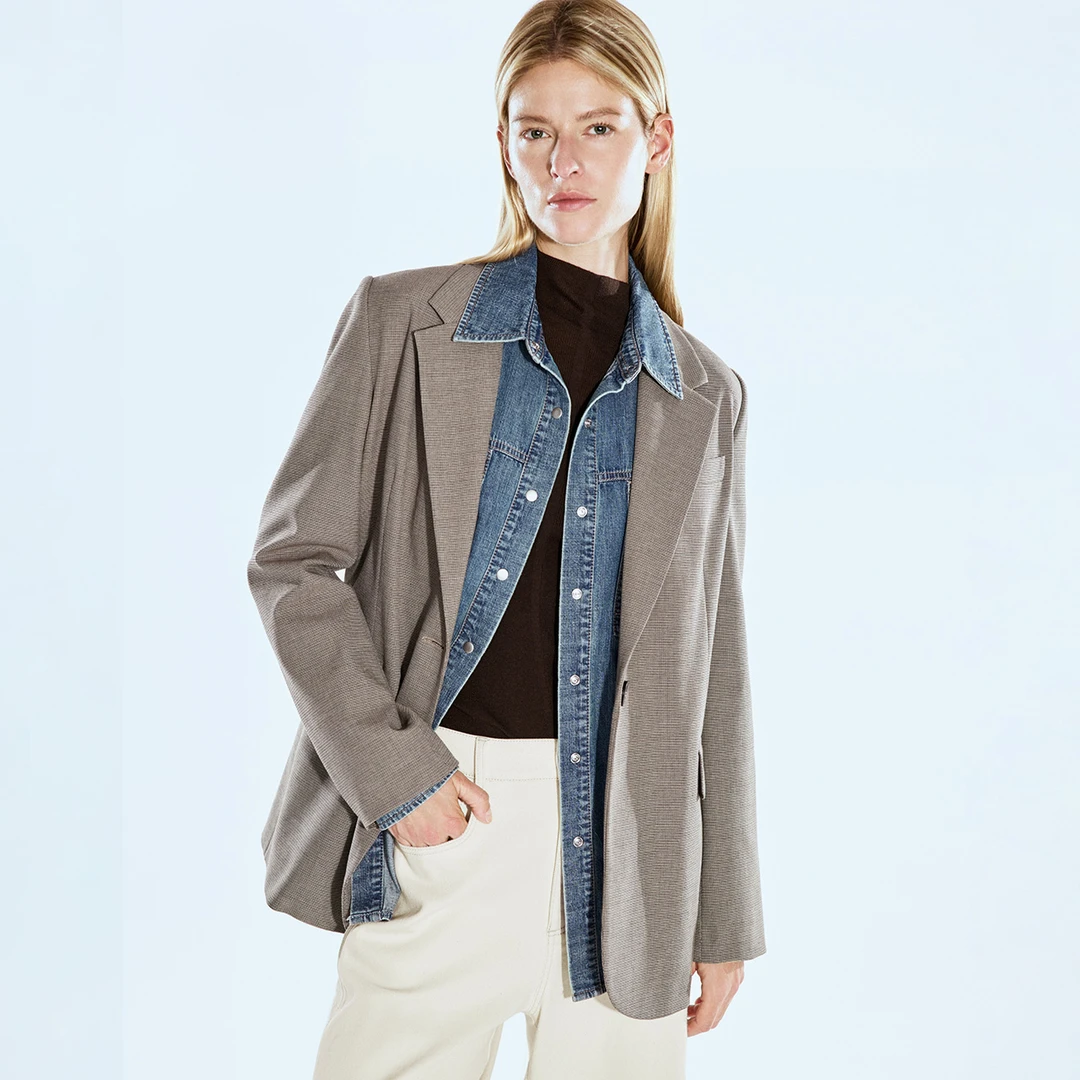 COVERINS2024秋季新款简约一粒扣廓形千鸟格纹西装外套CC34310100