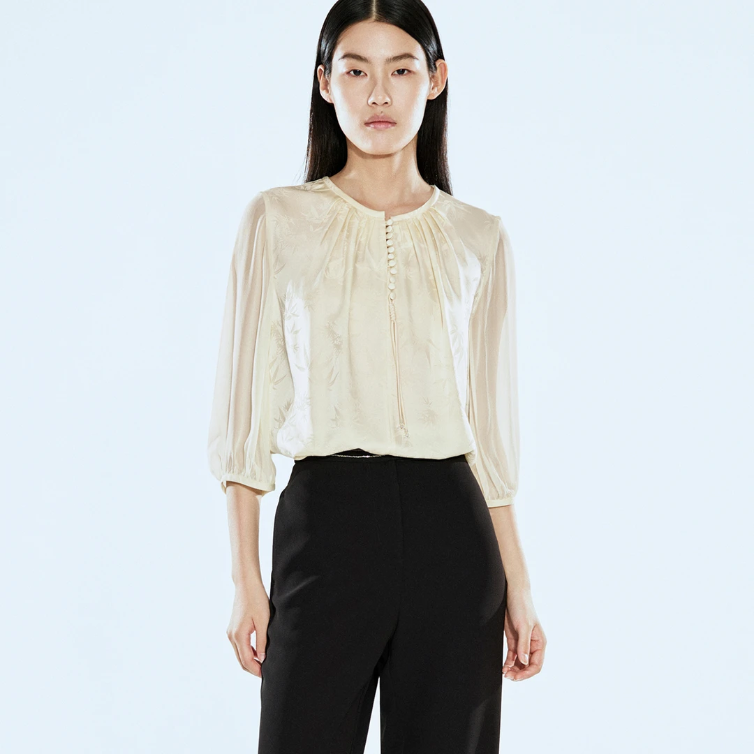 COVERINS竹叶提花拼接雪纺袖前中盘扣气质女士衬衫CC64370050