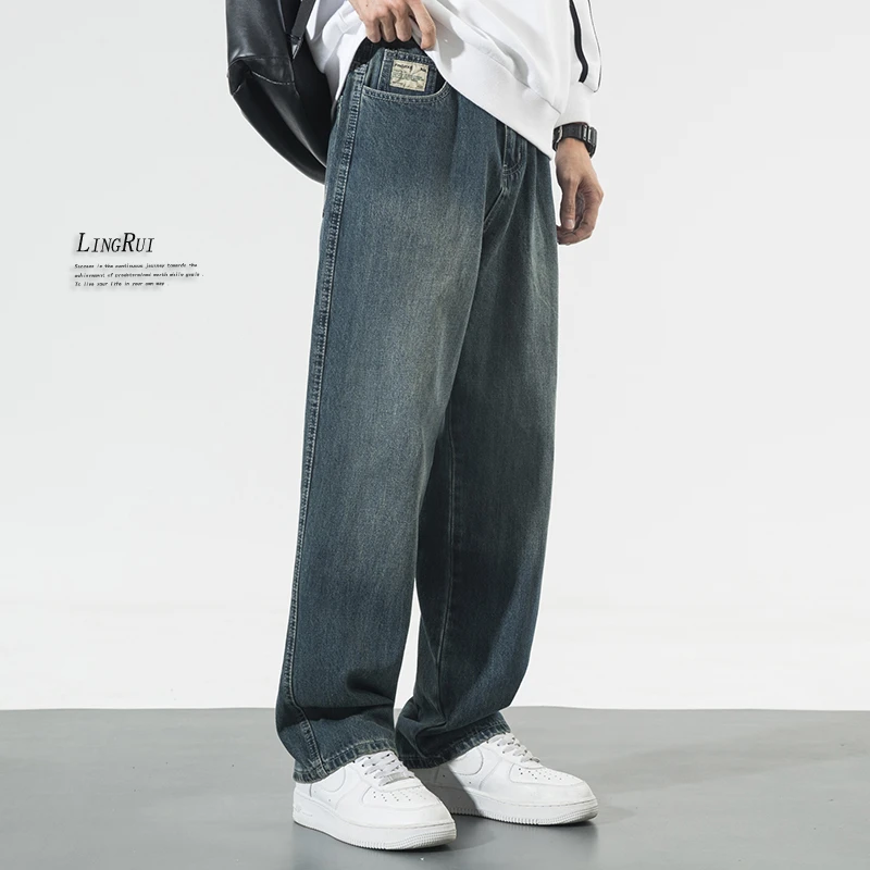 秋冬加绒水洗复古牛仔裤男宽松大码直筒阔腿裤潮流休闲美式长裤子