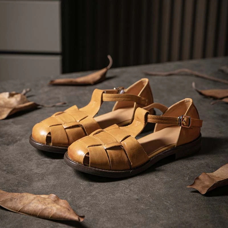 夏季新款猪笼鞋女手工复古油蜡马皮时尚休闲镂空编织罗马凉鞋女