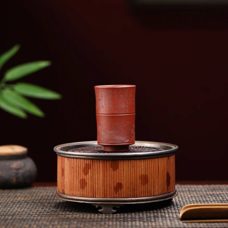 Q1001宜兴紫砂茶具茶杯  九斋直筒竹节杯《崖边独奏》全手工主人杯