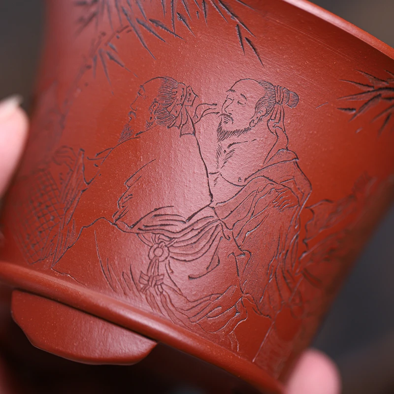 手工杯 | 宜兴紫砂 九斋《竹林七贤》手工三足主人杯