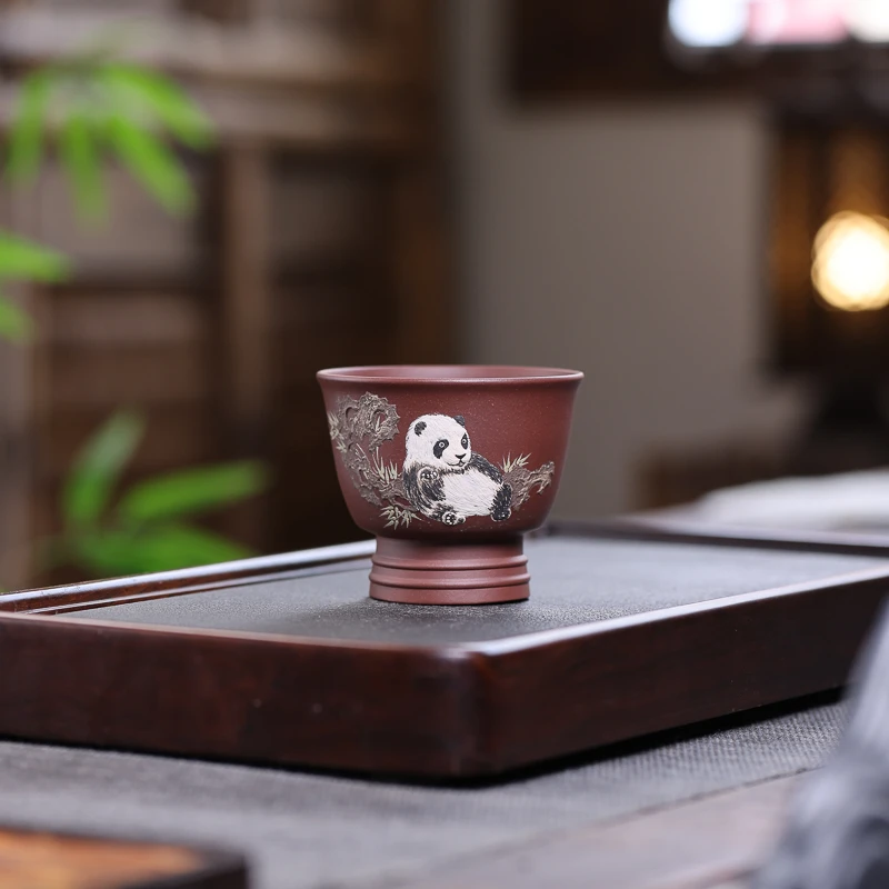 手工杯 | 宜兴紫砂  九斋传统泥绘（国宝大熊猫）主人杯