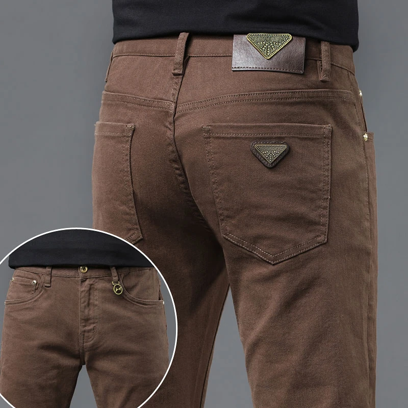 海尔斯2025早秋男牛仔裤子修身弹力新款百搭休闲咖色水洗裤