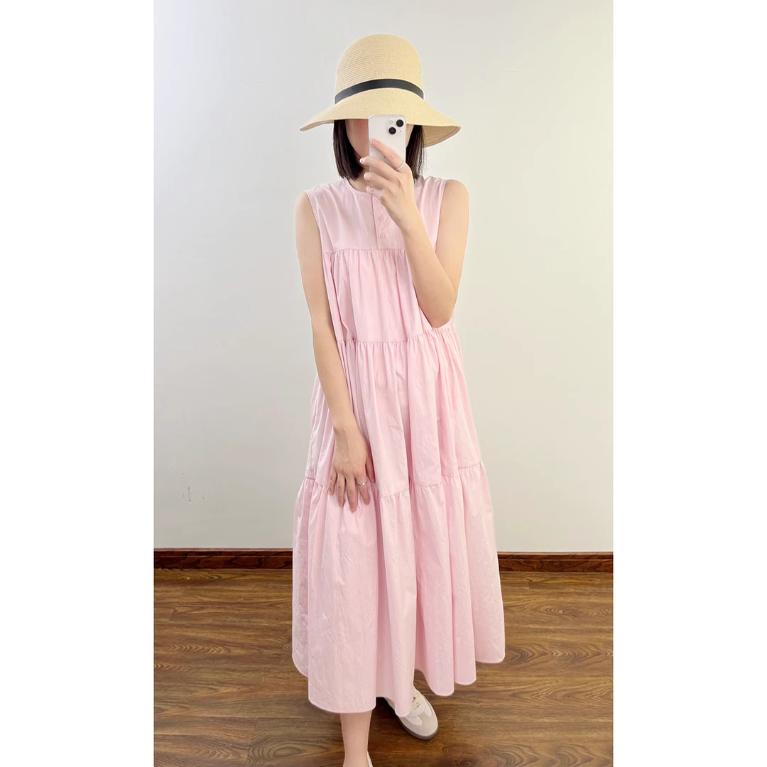 MMT  宽松女装裙子气质长裙无袖粉色连衣裙