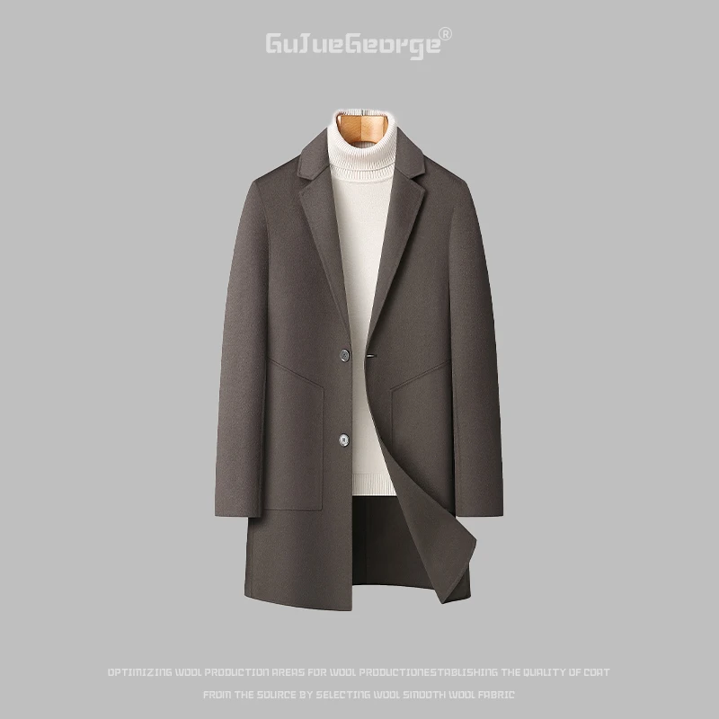 男士中长款纯羊毛大衣商务休闲秋冬季男潮流风衣双面呢呢子男外套