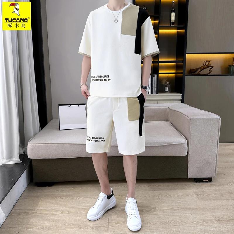 TUCANO/啄木鳥夏季薄款韩版圆领半袖男士时尚休闲拼色百搭套装男