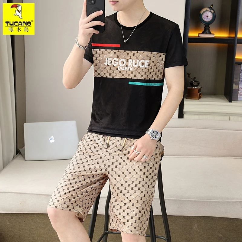 TUCANO/啄木鳥夏季高档冰丝潮牌短袖t恤五分裤运动套装男夏天薄款