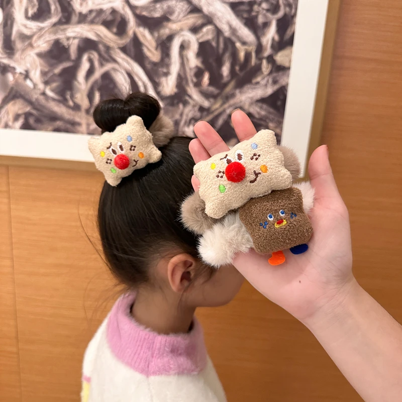 冬季卡通芝士吐司表情面包可爱毛绒饼干款儿童发圈扎头发发绳发饰