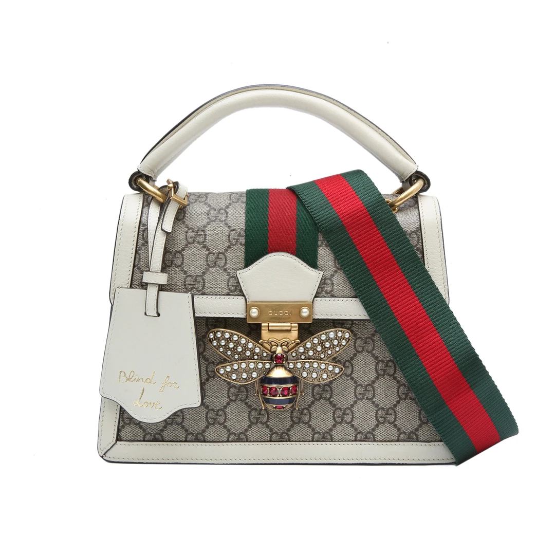 95新 GUCCI/古驰 蜜蜂 手提 斜挎包 25.5 米白色 128745