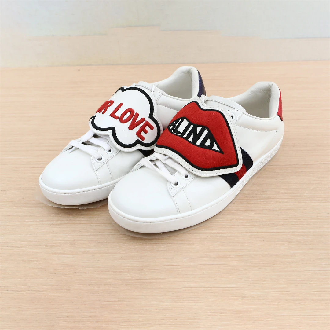 99新 GUCCI/古驰 板鞋 高帮 红唇刺绣贴布 皮革C 35.5 P224727134