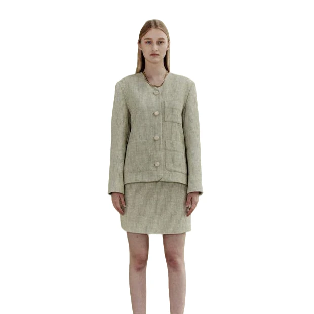 全新未使用   V领复古粗花呢外套 奶油色尼龙 TP008628