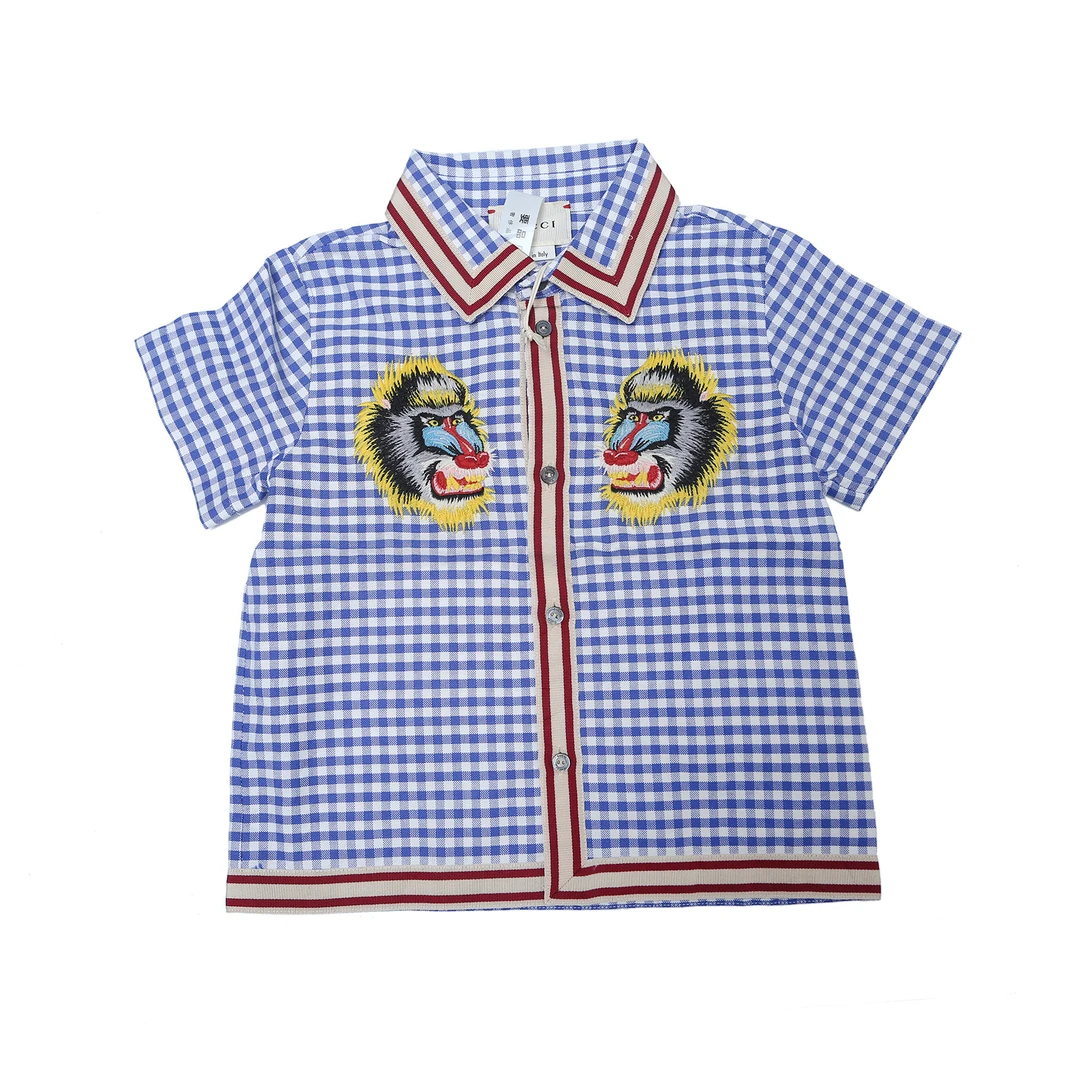 99新 GUCCI/古驰 猩猩刺绣 格子短袖衬衫 蓝色 9/12MP222536172
