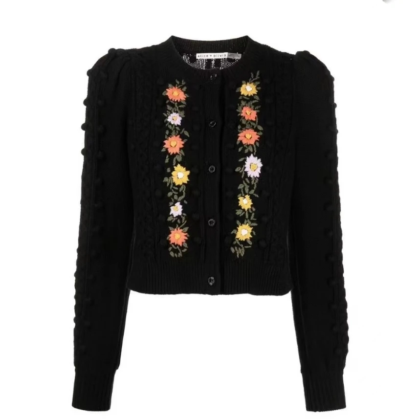 全新未使用  Alice&Olivia 花卉刺绣针织开衫 羊毛 黑色 TP017239