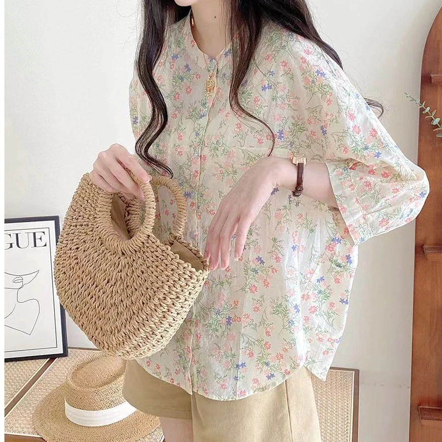 印花小碎花衬衣女款气质服装夏装小众设计感七分袖衬衫洋气衣服女