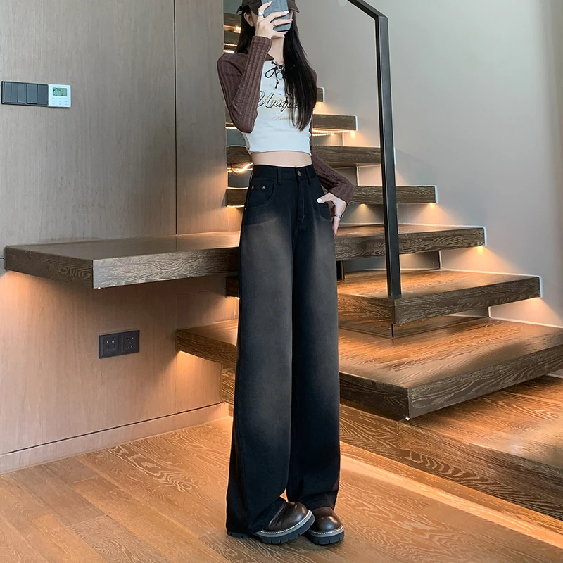 2023早秋新款美式复古高腰渐变色牛仔裤个性时髦宽松阔腿拖地裤