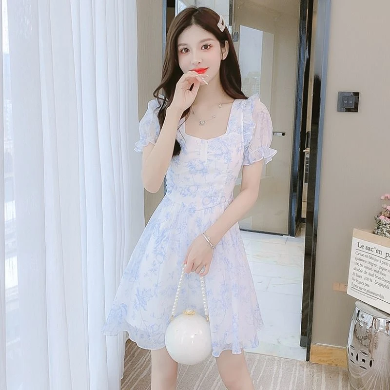 谦真连衣裙女夏蓝色碎花后背设计感蝴蝶结新款小个子别致收腰显瘦