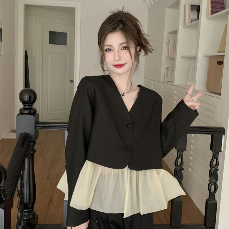 小香风西服外套法式上衣显瘦春秋小众秋季设计感拼接裙摆单黑色