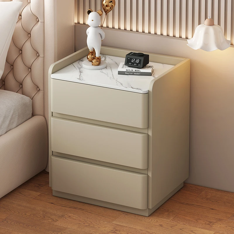 全实木床头柜简约现代轻奢卧室家用落地三抽床边柜岩板皮质床头桌