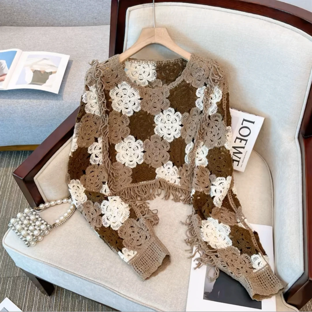 202秋季新款针织镂空外穿设计感流苏上衣