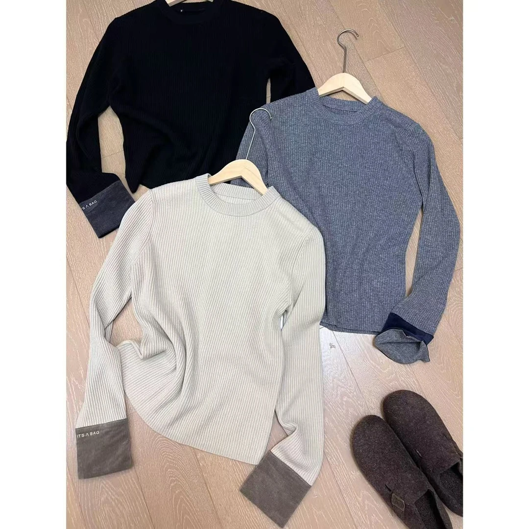 JOJO/玖了个玖 2024秋冬 灯芯绒撞色拼接袖口针织毛衣 2411B5568