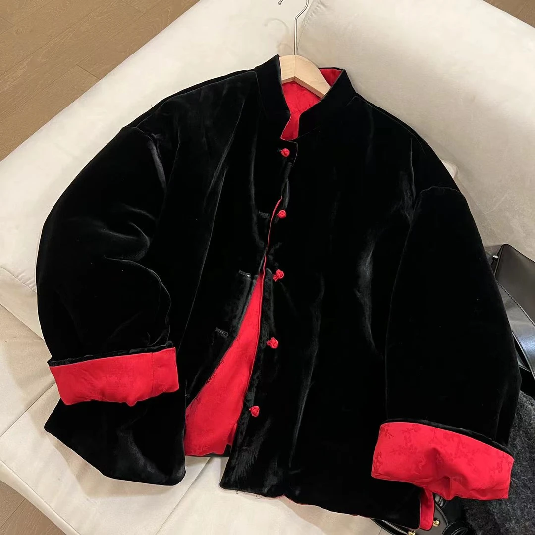 年货定制 两面穿黑红撞色丝绒外套 2401B101