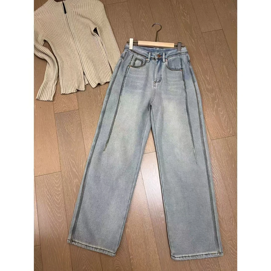 JOJO/玖了个玖【晕染牛仔裤】冬季加绒窄版显瘦长裤 2412B5819