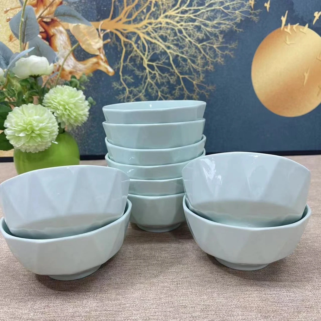 瓷喜 影青青瓷砖石家用陶瓷釉下彩米饭碗4.5英寸10个装