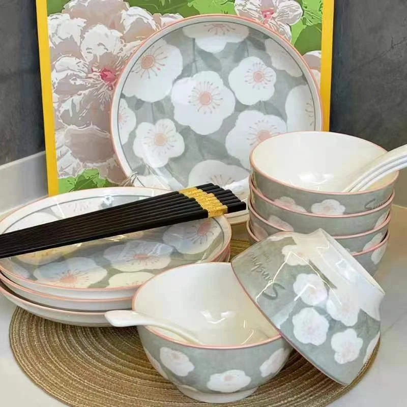 瓷喜 瓷艺北欧风粉色描边陶瓷餐具18件套(6碗4盘4勺4筷)