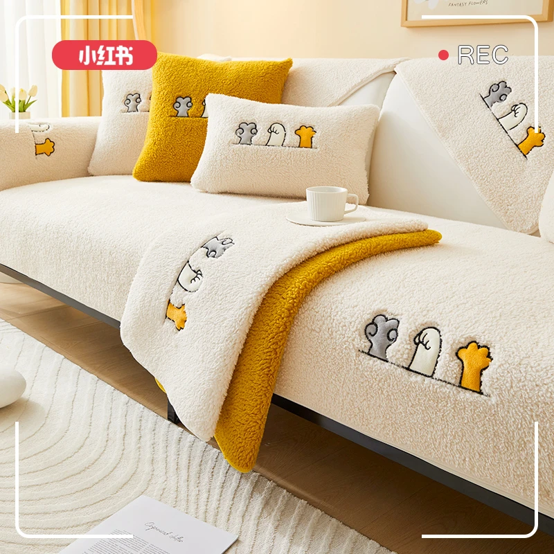 羊羔绒沙发垫新款2025四季通用加厚防滑坐垫皮沙发套罩靠背巾盖布