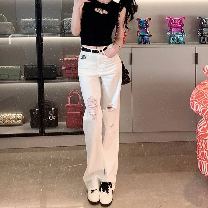 白色破洞牛仔裤女夏季显瘦直筒阔腿裤休闲百搭