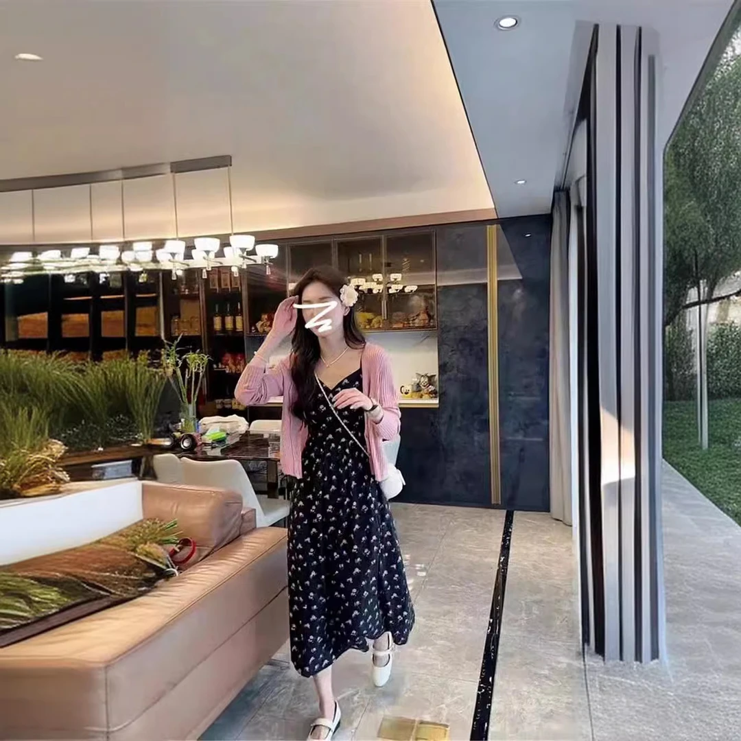 31393法式茶歇碎花吊带裙粉色开衫2024夏季新款大码连衣裙套装