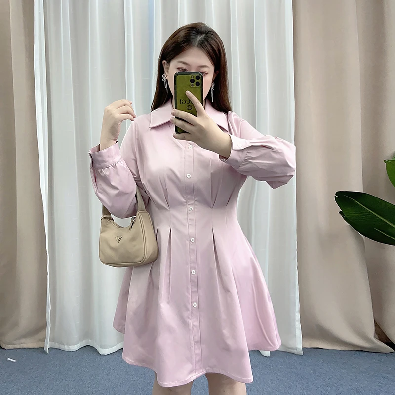 35267浪漫出游法式胖M显瘦衬衣连衣裙春秋夏长袖短袖简约A字衬裙