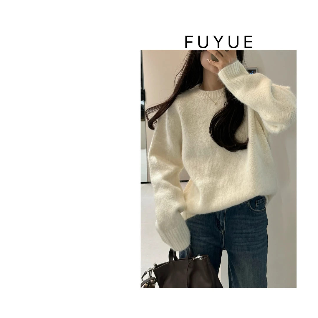 FUYUE赴约 品质白色圆领毛衣时尚百搭宽松加厚套头慵懒冬季纯色