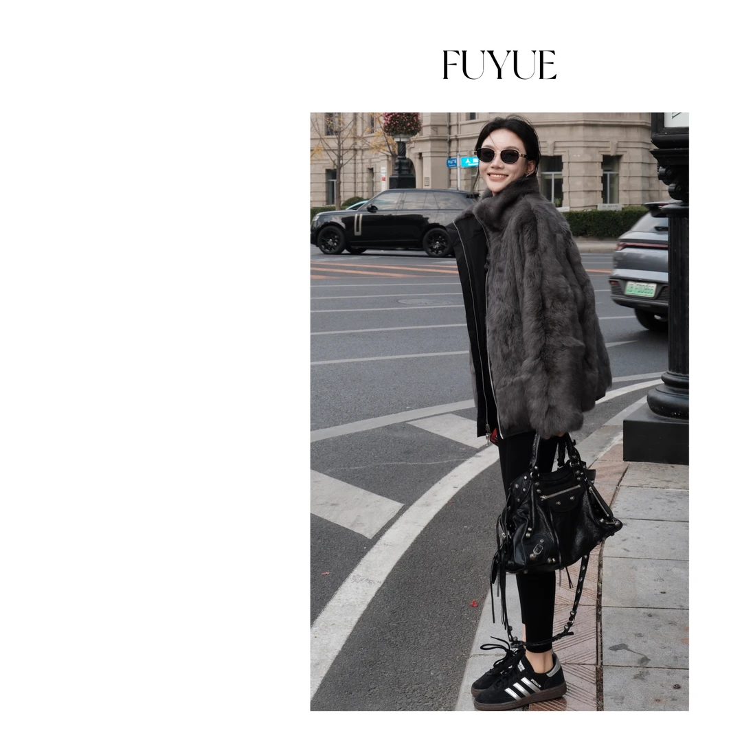 FUYUE赴约 品质两穿外套兔毛外套短款时尚休闲宽松韩版百搭秋冬