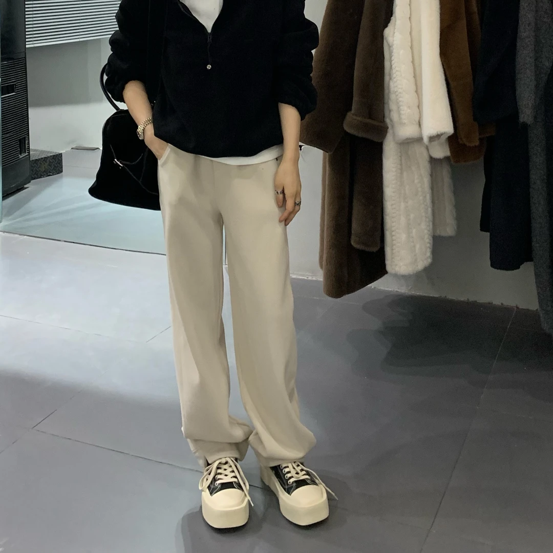 FUYUE赴约 品质奶茶色小开衩休闲卫裤休闲裤时尚纯色百搭秋季