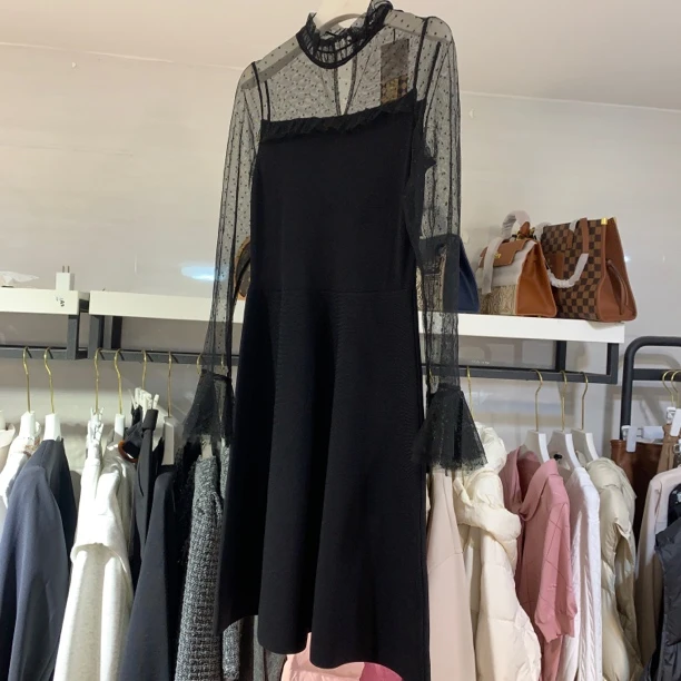 047秋冬显瘦遮肉丝绒拼接蕾丝网纱连衣裙胖mm百搭