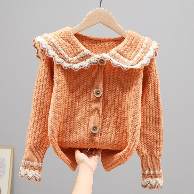 女童针织衫开衫毛衣儿童外套春秋2025新款秋季女孩洋气韩版娃娃领