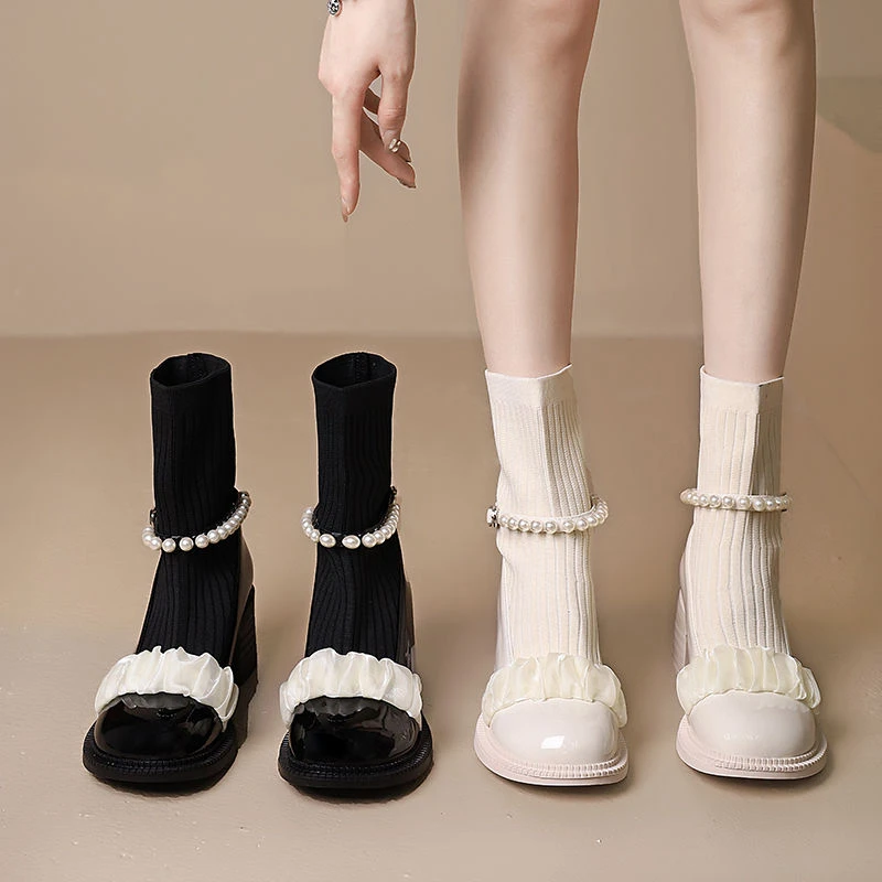 弹力靴子女款2023年新款珍珠法式复古玛丽珍袜靴小个子针织瘦瘦靴