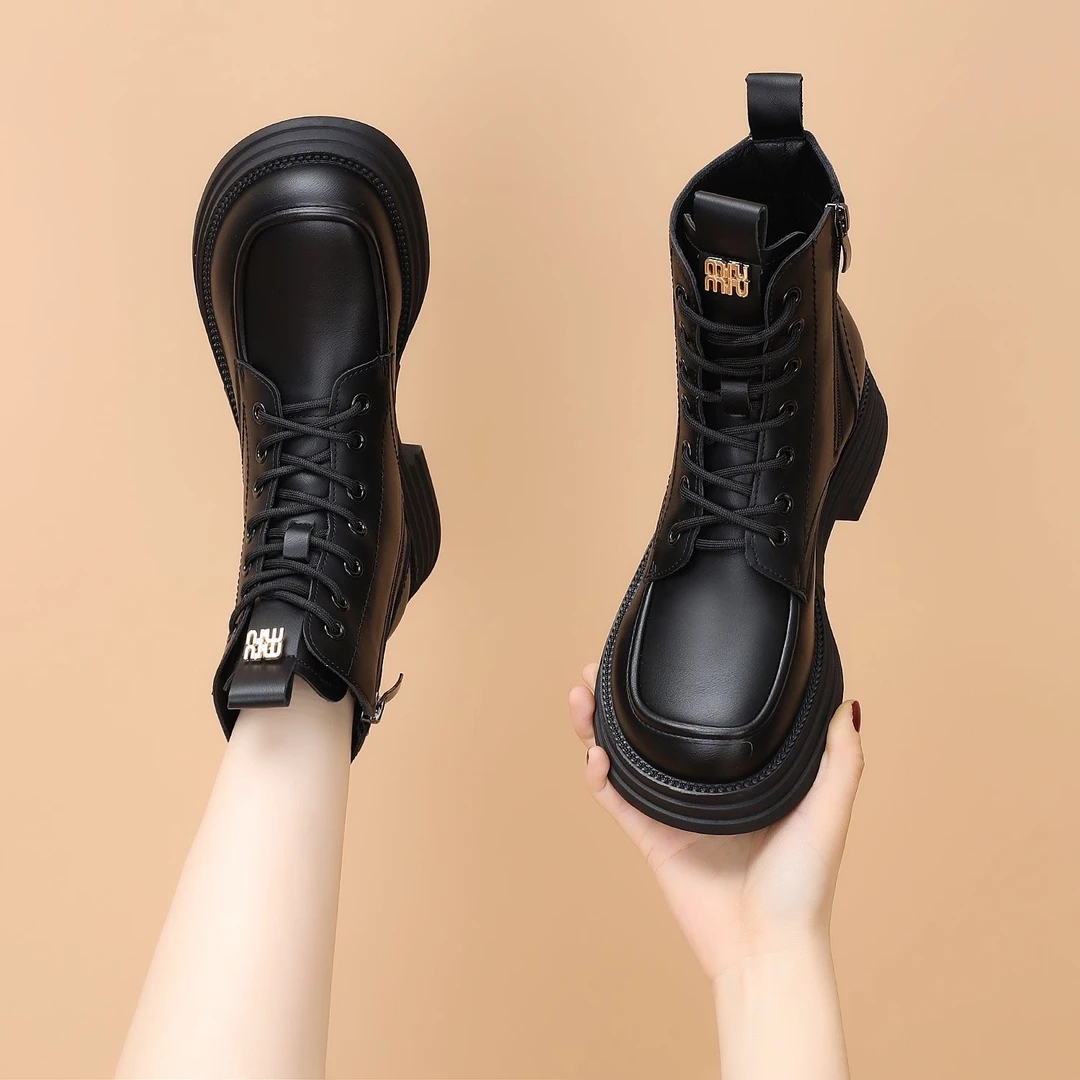 看角侠厚底马丁靴女2023秋冬新款英伦风加绒增高显瘦圆头时装靴