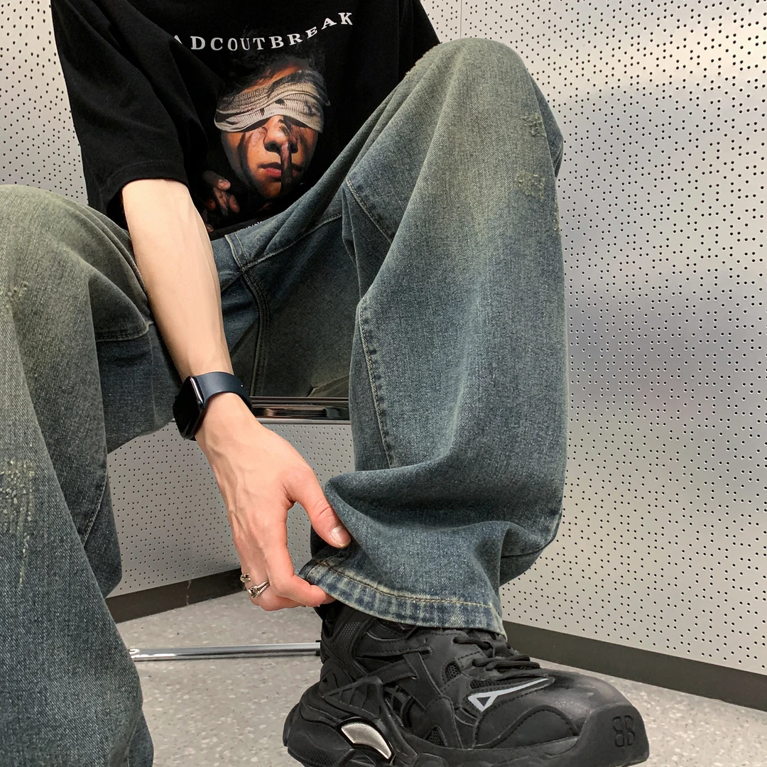 水洗做旧复古色美式牛仔裤子男生ins直筒宽松百搭长裤高街裤子潮