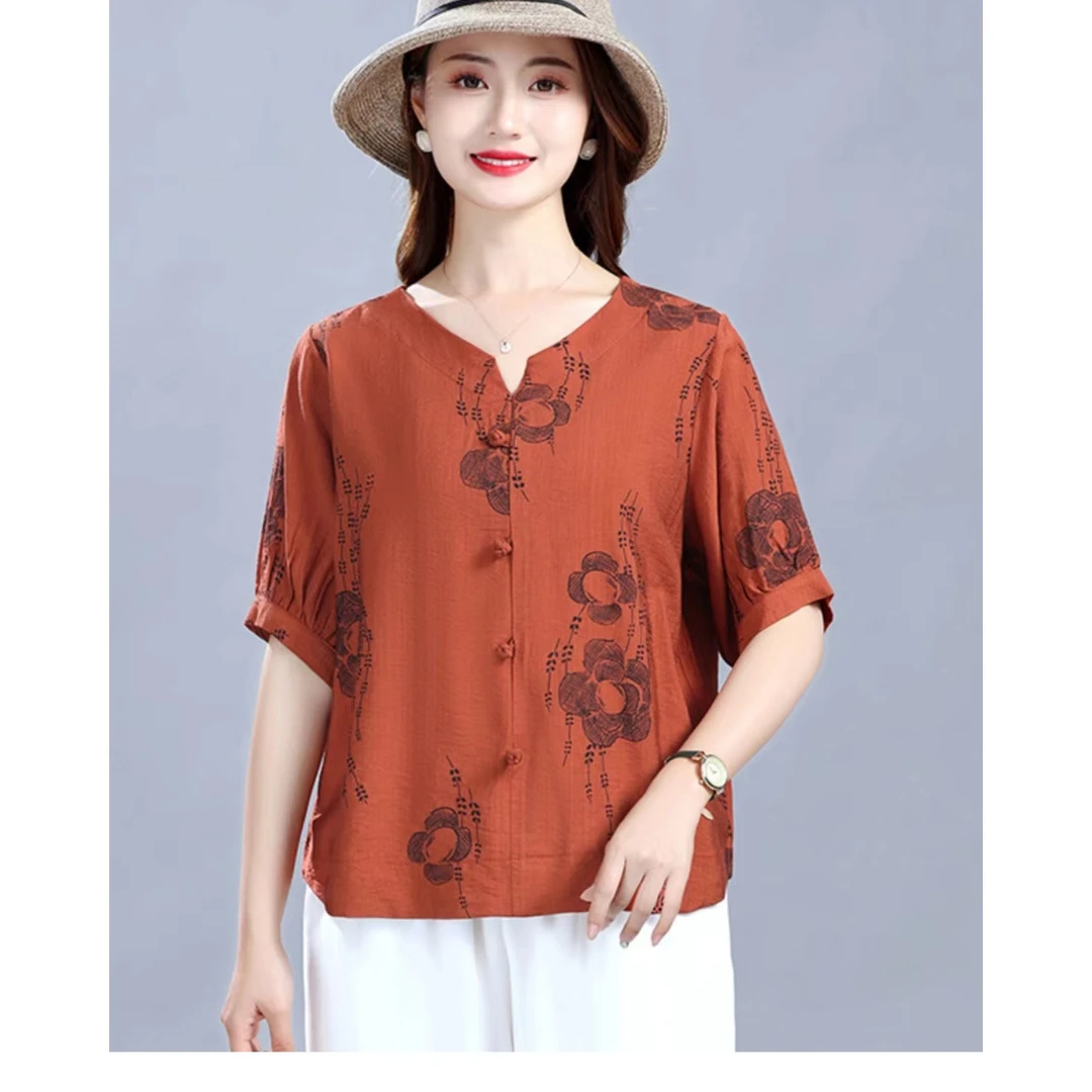2023夏装新款麻料时尚洋气短袖宽松大码复古盘扣印花母亲节妈妈装
