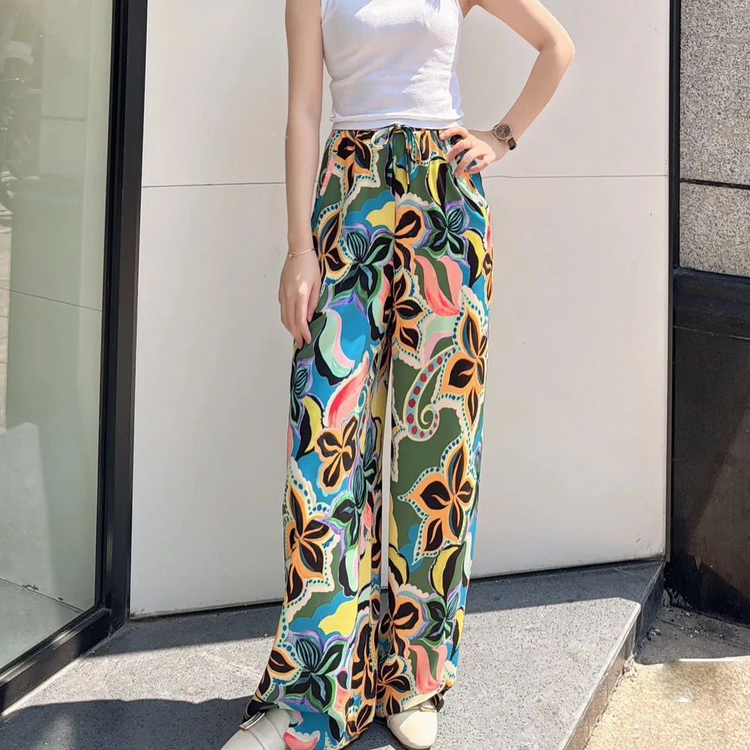 【商场同款】5100552休闲松紧腰直筒长裤女印花阔腿裤时尚百搭复古
