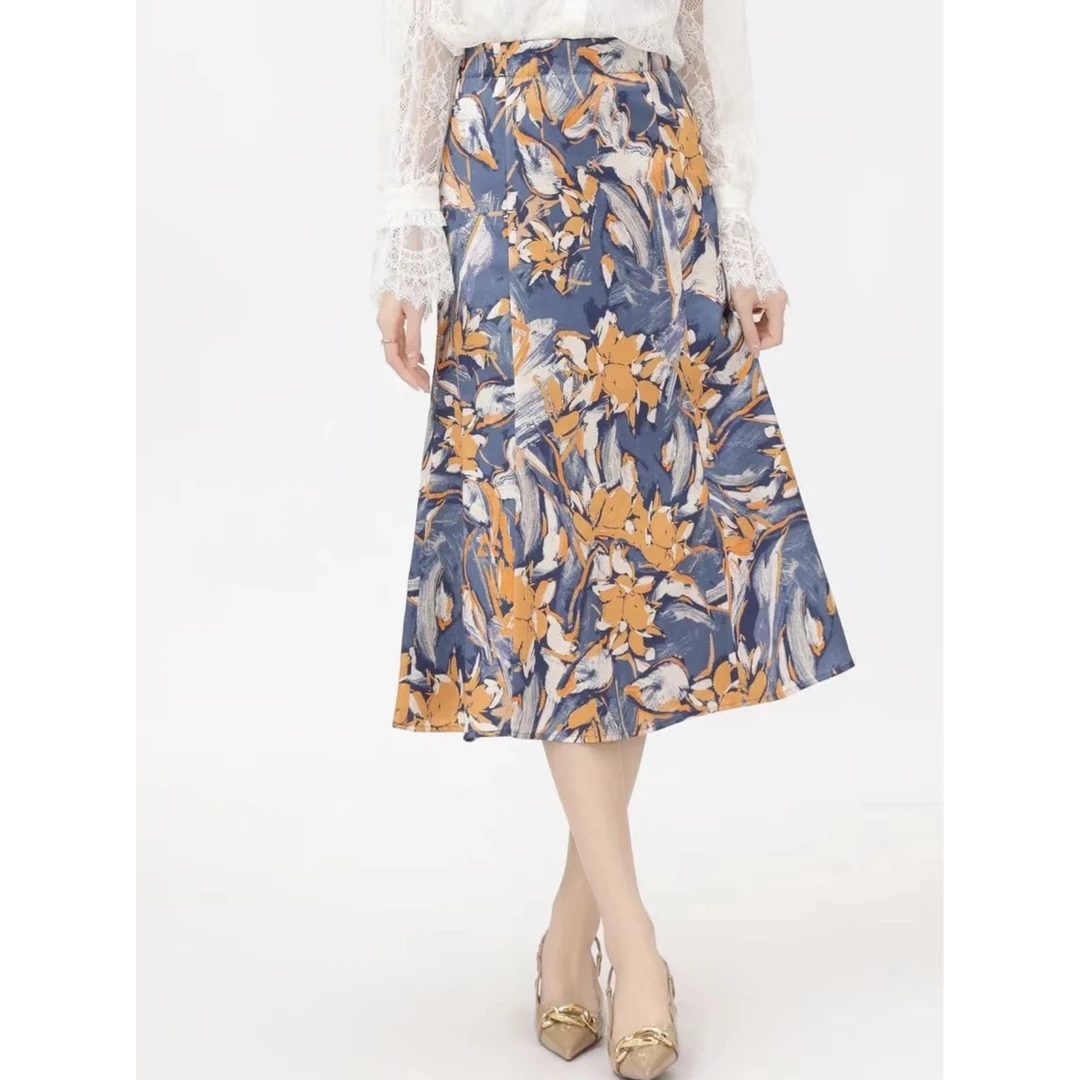 【商场同款】5200404高腰松紧带腰头显瘦时尚A字裙女蓝色印花半身裙