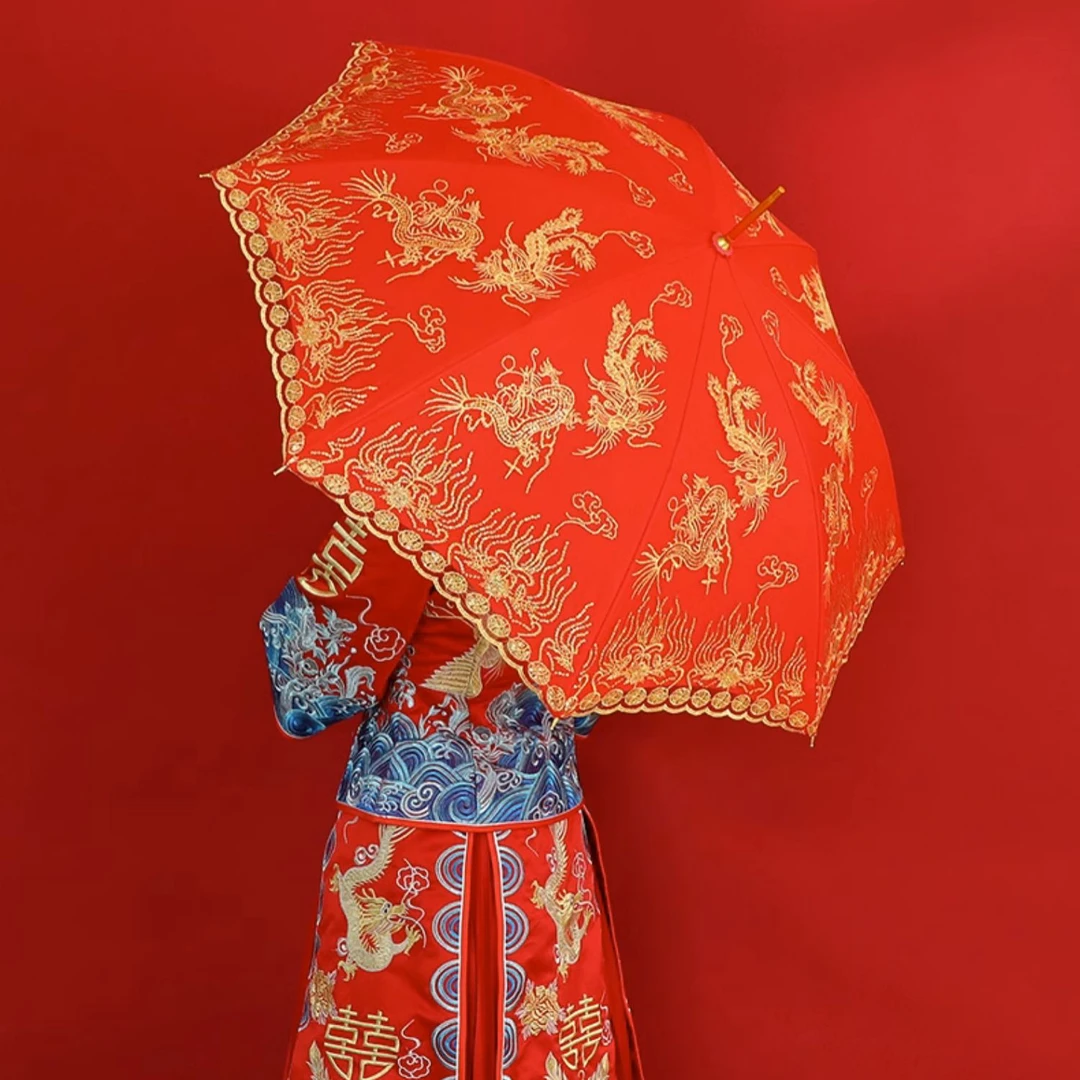 结婚陪嫁物品婚礼新娘伞备婚用品中式蕾丝刺绣红色雨伞婚庆长柄伞